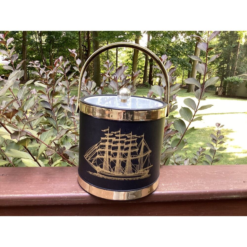 Shelton Ware Ice Bucket‎ Vintage Barware Sailboat 1960 MCM Retro Black Gold